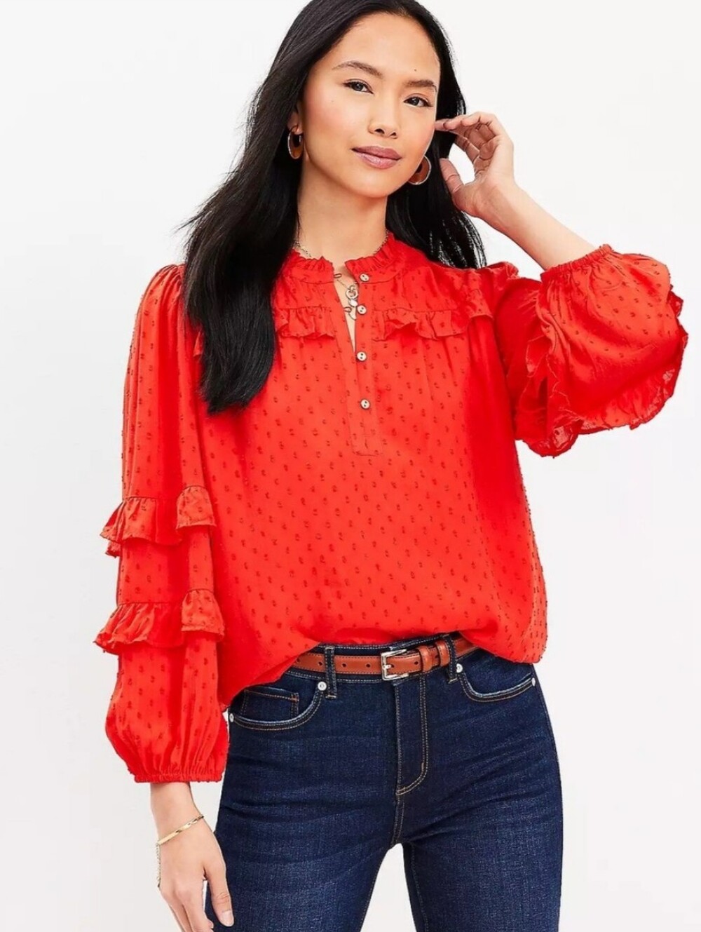 LOFT Red Ruffle Swiss Dot Ruffle Long Sleeve Blouse Going Out Boho Plus Size XXL
